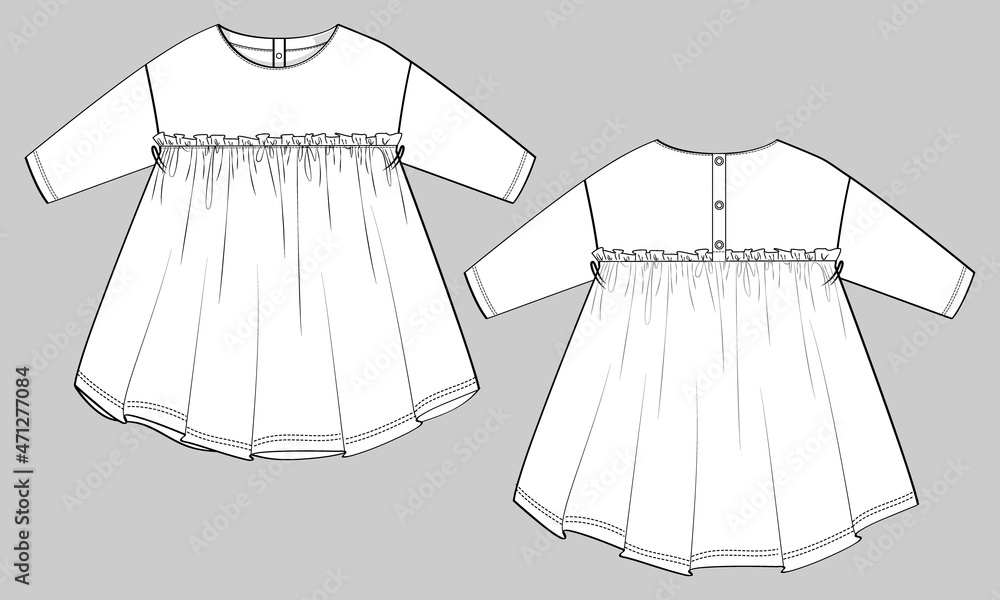 Baby girls dress design technical Flat sketch vector illustration template. Apparel  clothing Mock up front and back views Isolated on Grey Background. Kids  Fashion vector Art drawing easy editable. 15934291 Vector Art