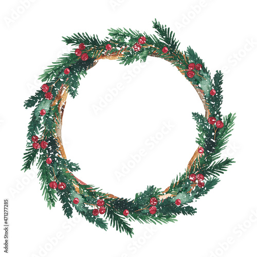Watercolor round christmas frame with fir branches, berries, isolated on white background. Botanical greenery holiday illustration for wedding invitation card design
