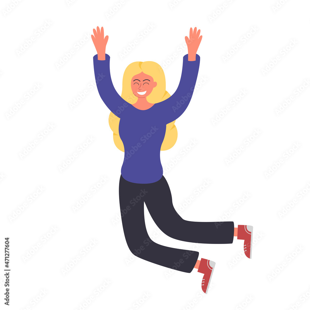 Fototapeta premium Cheerful, happy girl with closed eyes, jumping, with raised arms. Celebratory mood. Vector flat design for websites and mobile applications.