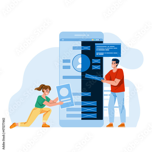 Mobile Ui And Ux Design Designer Business Vector. Man And Woman Professional Occupation In Phone Ui And Ux Design. Characters Boy And Girl Creator Technology Work Flat Cartoon Illustration