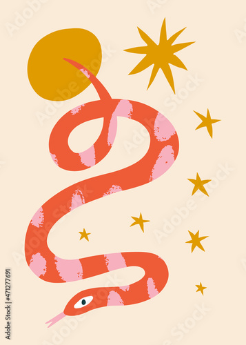Childish style snake boho naive funky handdrawn art