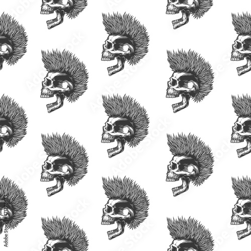Original vector seamless pattern in vintage style. A skull with an open mouth and a punk rock hairstyle. A design element.