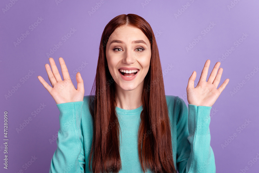 Photo of young attractive lady have fun waving hello speak video call isolated over violet color background Photo of young attractive lady have fun waving hello speak video call isolated over violet color background