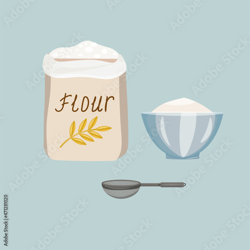 Flour in a paper bag, sifted flour in a bowl and a strainer. Vector illustration in cartoon flat style