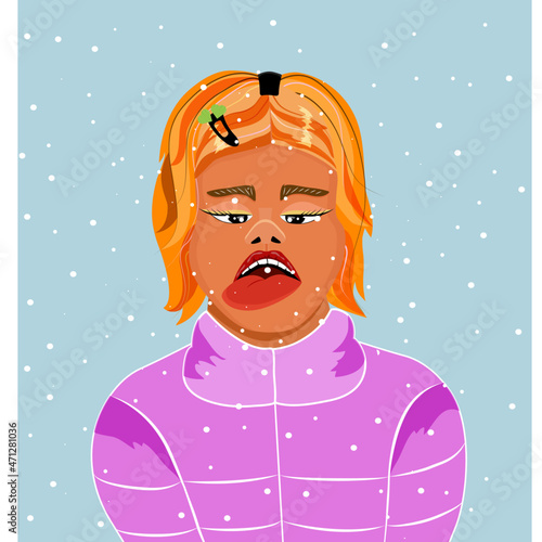 A funny blonde girl in a jacket catches snowflakes in the street with her mouth. Modern style. Winter. Christmas and New Year. 2022. Flat style. Holiday. The character. Stock Vector Illustration