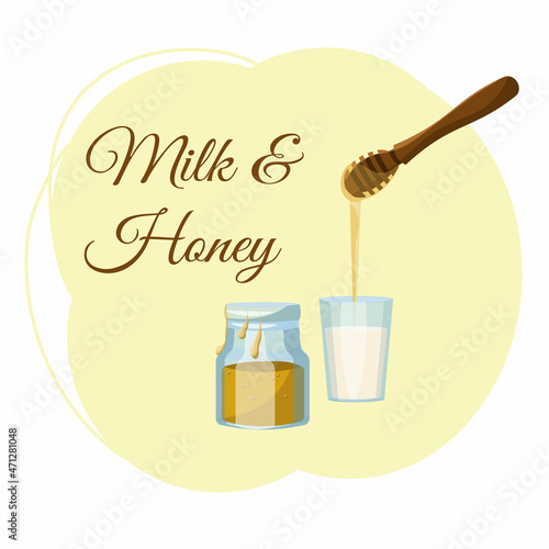 Milk and honey. A glass of milk, honey dipper and jar of honey on a yellow background. Vector illustration in flat cartoon style