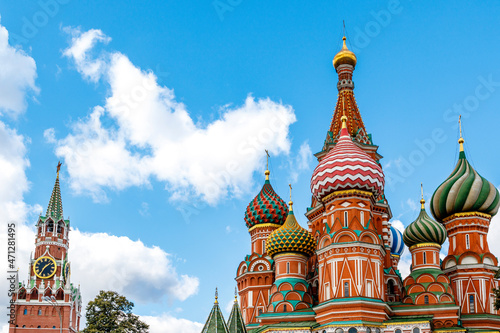 Colorful domes of the Cathedral of Vasily the Blessed commonly known as Saint Basil's Cathedral at Red Square in Moscow, Russia, Europe