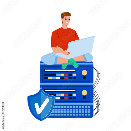 Vps Hosting Internet Service Using Man Vector. Vps Hosting Connected User Boy With Laptop. Character Guy Sitting On Data Center Server, Computer Technology Flat Cartoon Illustration