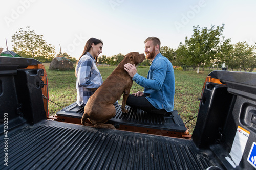 Young couple spending time in the calm countryside with their best friend a canine bully, while sitting on the back of their pickup truck