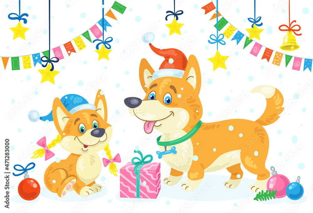 Merry Christmas! Two funny corgi dogs in Santa hats with a gift box, gold stars, glass balls and festive checkboxes. In cartoon style. On a white background. Vector illustration. Merry Christmas! Two funny corgi dogs in Santa hats with a gift box, gold stars, glass balls and festive checkboxes. In cartoon style. On a white background. Vector illustration.