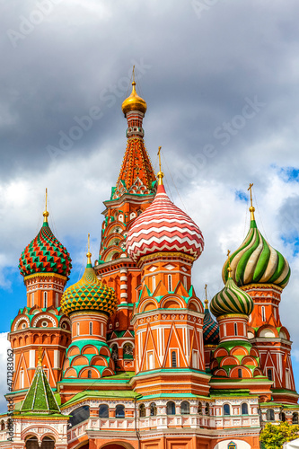 Colorful domes of the Cathedral of Vasily the Blessed commonly known as Saint Basil's Cathedral at Red Square in Moscow, Russia, Europe