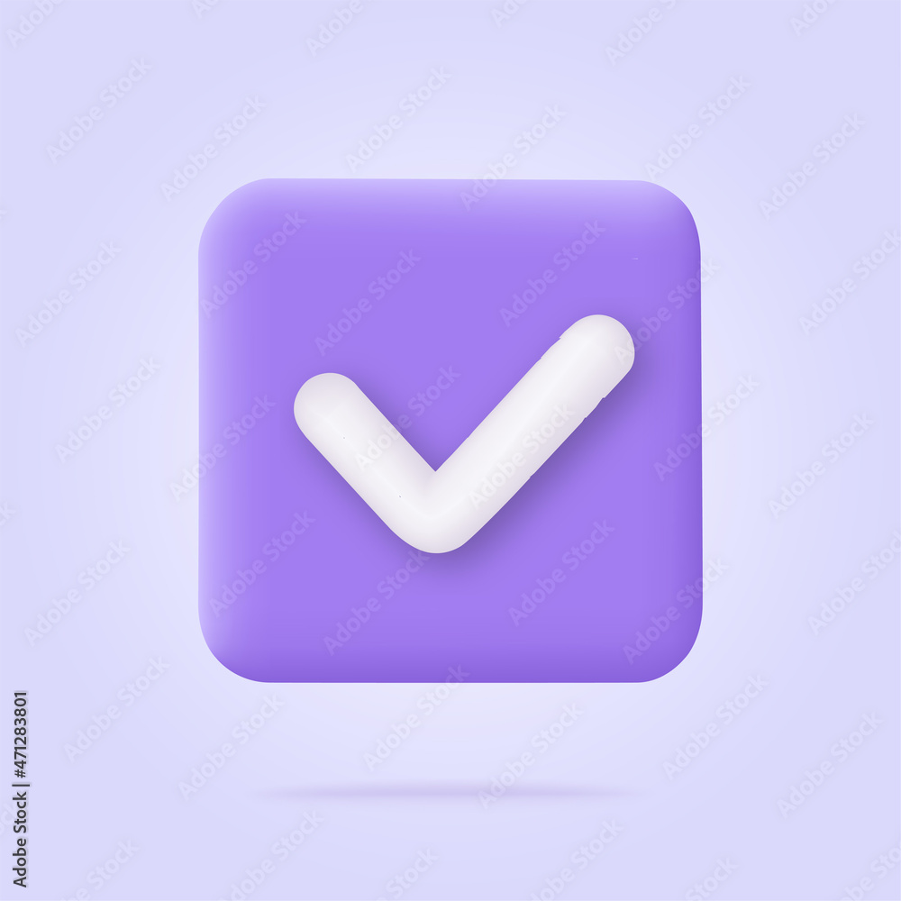 Check mark icon in trendy 3d style on blue square button. White checkmark symbol. Vector illustration isolated on purple or violet background Check mark icon in trendy 3d style on blue square button. White checkmark symbol. Vector illustration isolated on purple or violet background