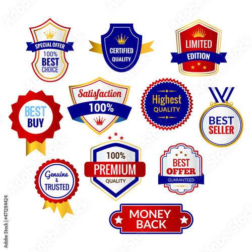 Special Offer Best Buy Best Choice Certified Quality Limited Edition Highest Quality Best seller Premium Quality Money Back Guaranteed Genuine and Trusted Quality satisfaction Flat Vector