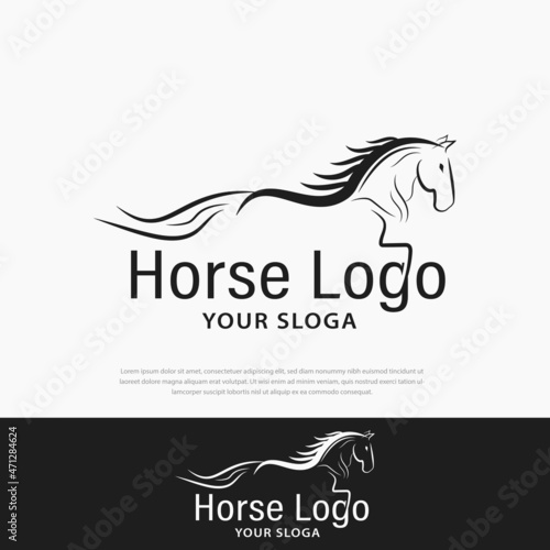 Horse logo. Stable, farm, Valley, Company, Race logo design. Silhouettes of horses, Mustangs, stallions, mascots, wild horses, arabian animals for race icons. Sports hockey template