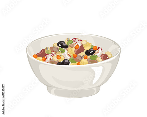 Beans in bowl isolated on white. Vector illustration different beans and legumes. Organic healthy food in cartoon flat style.