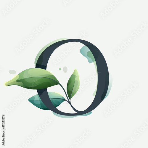 O letter logo with green leaves in clear vector watercolor style.