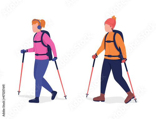 Children hiking in winter semi flat color vector character set. Posing figure. Full body people on white. Outdoor recreation isolated modern cartoon style illustration for graphic design and animation