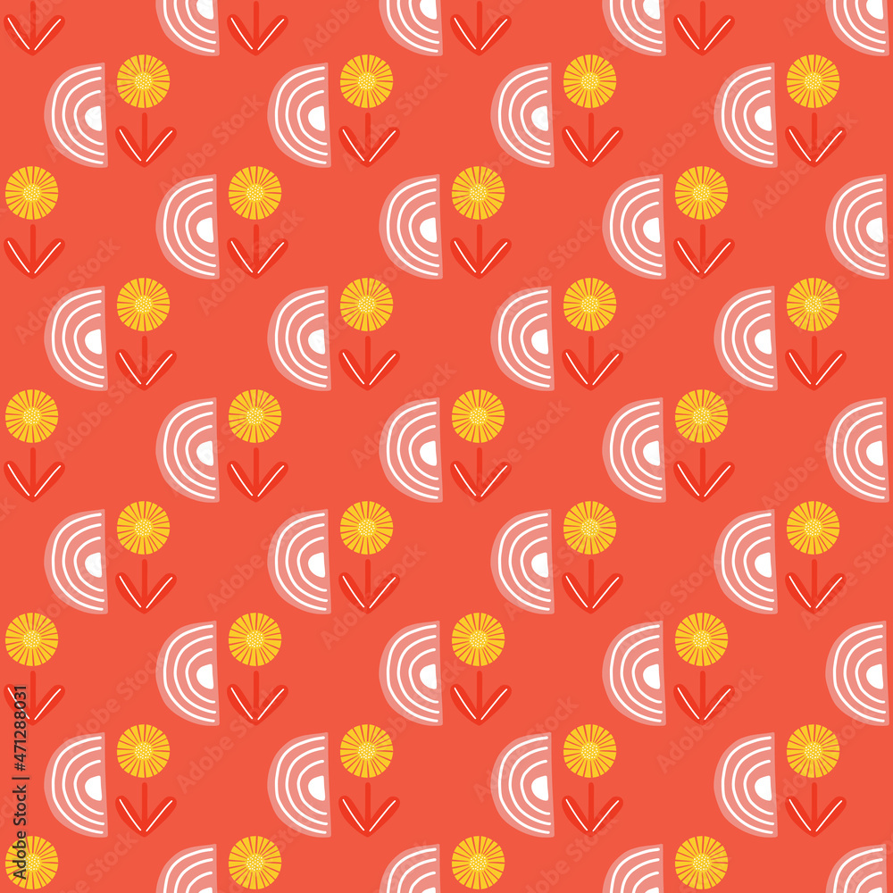 Fototapeta premium Seamless pattern abstract flowers on orange background. Minimalist yellow textured of plants for textile design.
