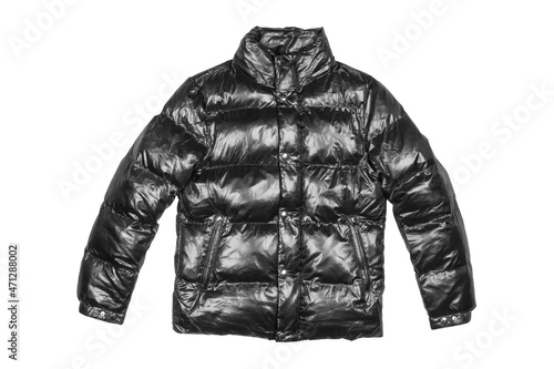 Black hooded warm sport puffer jacket isolated over white background. Blank template down jacket with zipped isolated. Winter jacket isolated