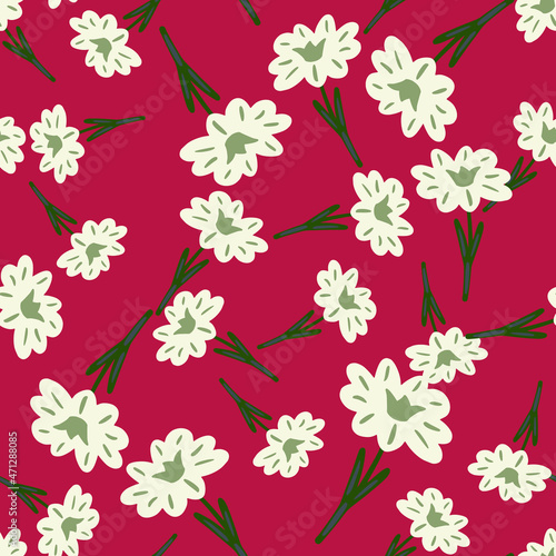 Seamless pattern with hand drawing wild flowers on red background. Vector floral template in doodle style. Gentle summer botanical texture.