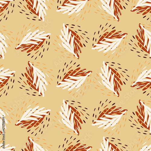 Seamless pattern leaf palm on beige background. Vector foliage template in doodle style. Modern tropical texture.