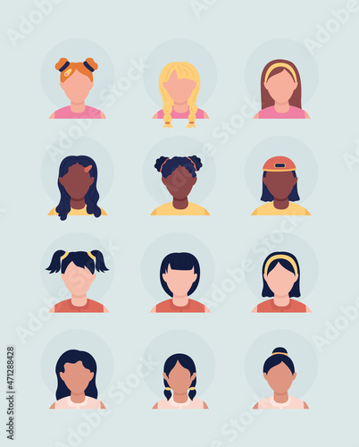 Girl with different hair semi flat color vector character avatar set. Casual style. Portrait from front view. Isolated modern cartoon style illustration for graphic design and animation pack