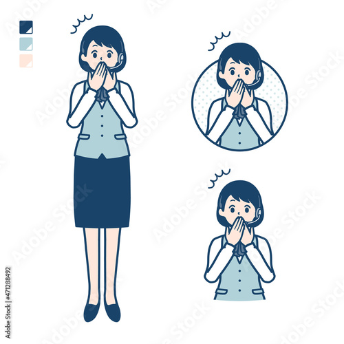 インカムをつけたビジネス女性が口をおさえて驚いているイラスト