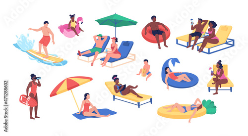 Beach activities semi flat color vector character set. Posing figures. Full body people on white. Summer isolated modern cartoon style illustration for graphic design and animation collection