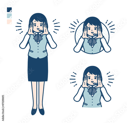 インカムをつけたビジネス女性が大声で呼びかけているイラスト