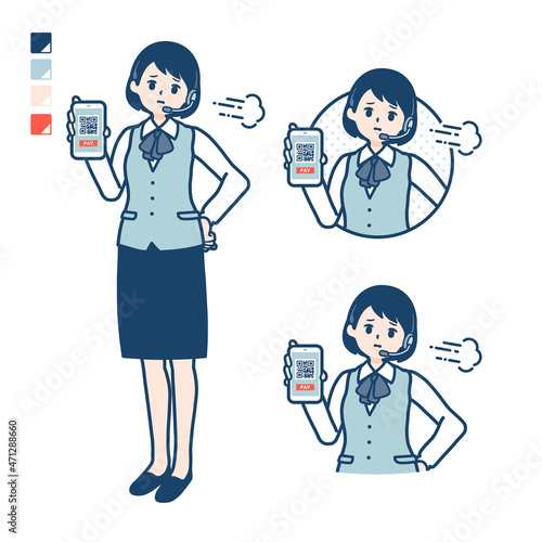 インカムをつけたビジネス女性が困った顔でスマートフォンでキャッシュレス決済しているイラスト