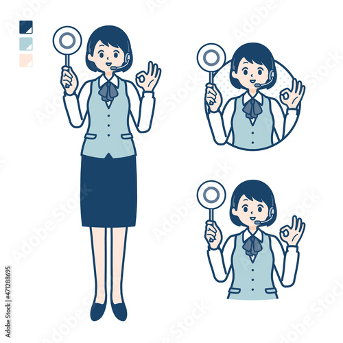 インカムをつけたビジネス女性がマル印パネルを出すイラスト