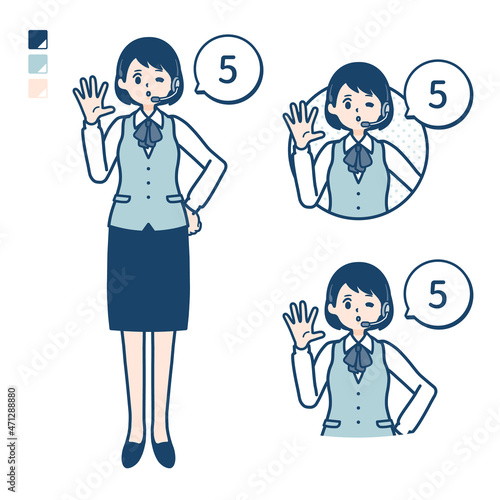 インカムをつけたビジネス女性が5とカウントしているイラスト