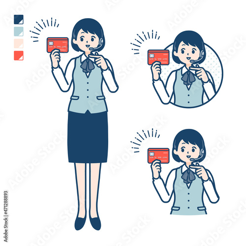 インカムをつけたビジネス女性がクレジットカードを指差しているイラスト