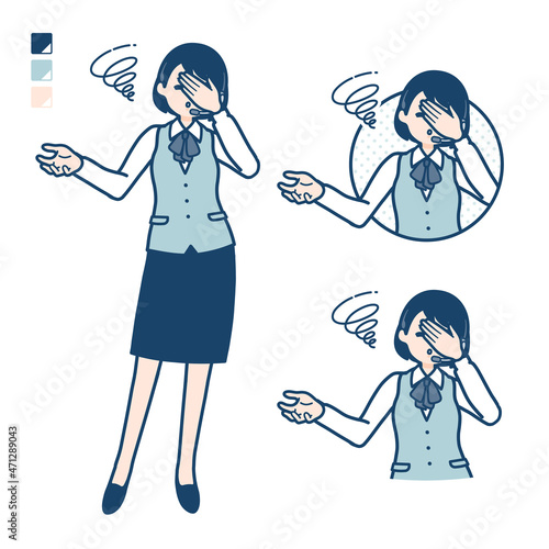 インカムをつけたビジネス女性が頭をかかえて落胆しているイラスト