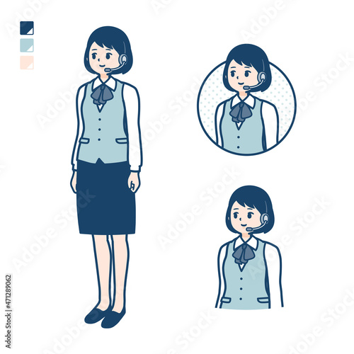 インカムをつけたビジネス女性が横を見ているイラスト