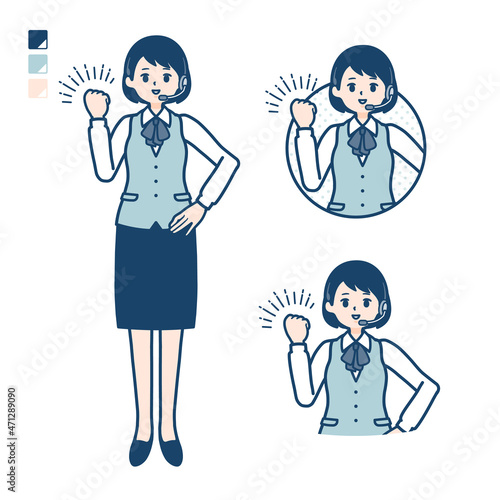 インカムをつけたビジネス女性がガッツポーズをしているイラスト