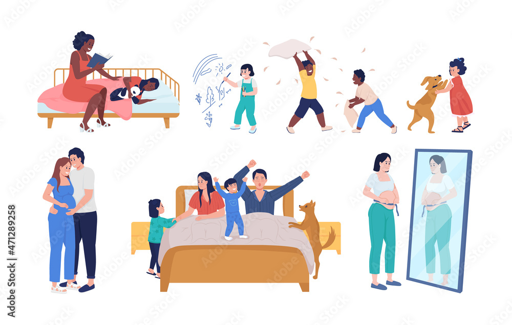 Family lifestyle semi flat color vector character set. Posing figures. Full body people on white. Lifestyle isolated modern cartoon style illustration for graphic design and animation collection