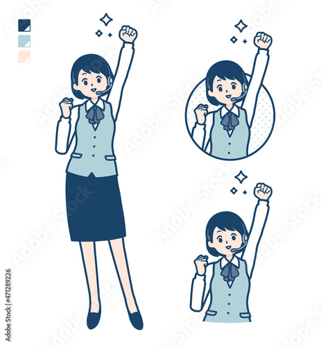 インカムをつけたビジネス女性がガッツポーズをしているイラスト