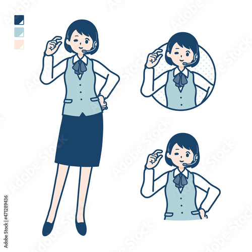 インカムをつけたビジネス女性がちょっとだけのハンドサインをしているイラスト