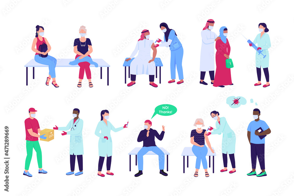 Vaccination semi flat color vector character set. Posing figures. Full body people on white. Healthcare isolated modern cartoon style illustration for graphic design and animation collection