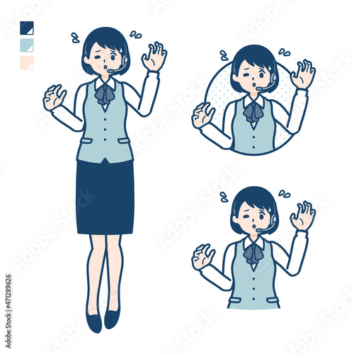 インカムをつけたビジネス女性があわてているイラスト