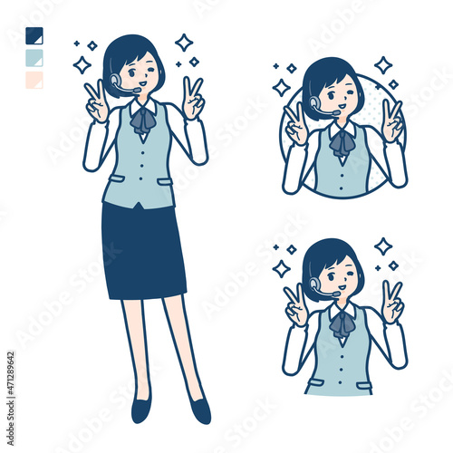 インカムをつけたビジネス女性がピースサインをしているイラスト