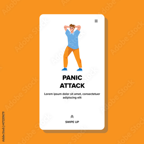 Man Panic Attack In Public Place Outdoor Vector. Young Boy Having Panic Attack, Psychology Health And Emotion Problem. Frightened And Frustrated Character Guy Web Flat Cartoon Illustration