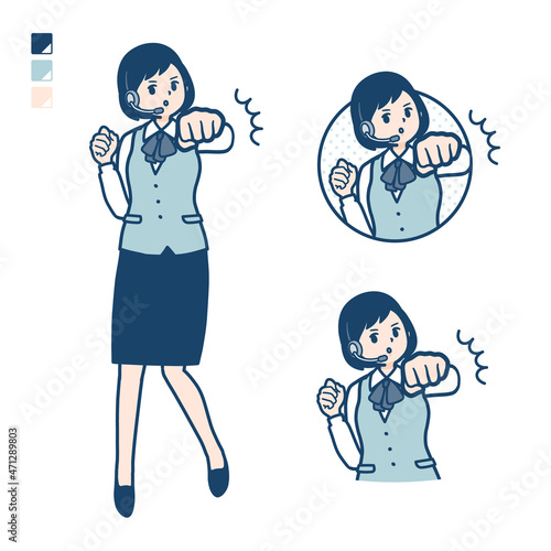 インカムをつけたビジネス女性が正面にパンチしているイラスト
