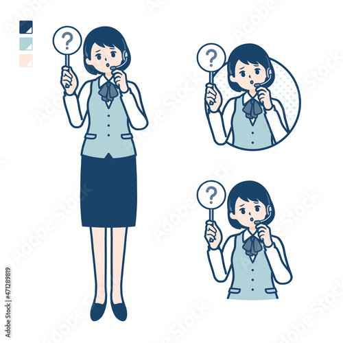 インカムをつけたビジネス女性がクエスチョン印パネルを出すイラスト