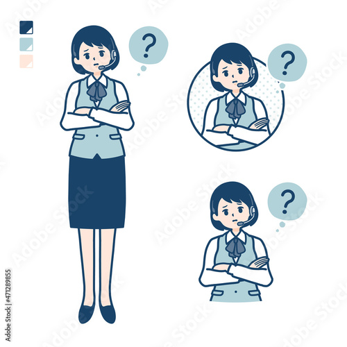インカムをつけたビジネス女性が疑問を感じているイラスト