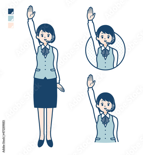 インカムをつけたビジネス女性が手を挙げているイラスト