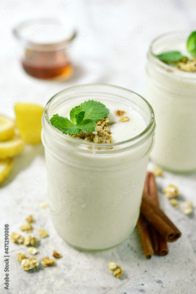 Fresh apple banana smoothie with oatmeal, cinnamon and honey. Fresh apple banana smoothie with oatmeal, cinnamon and honey.