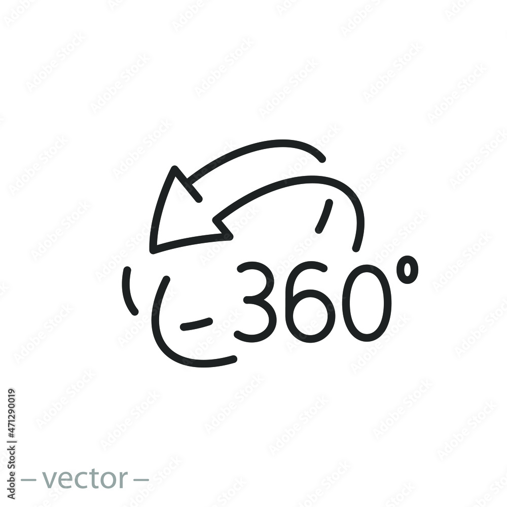 360 degree rotate icon, full arrow circle, 3d view, overview turn, virtual reality, thin line symbol - editable stroke vector illustration 360 degree rotate icon, full arrow circle, 3d view, overview turn, virtual reality, thin line symbol - editable stroke vector illustration