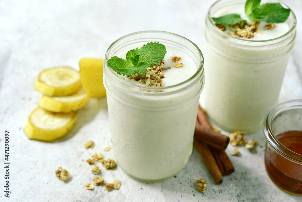 Fresh apple banana smoothie with oatmeal, cinnamon and honey. Fresh apple banana smoothie with oatmeal, cinnamon and honey.